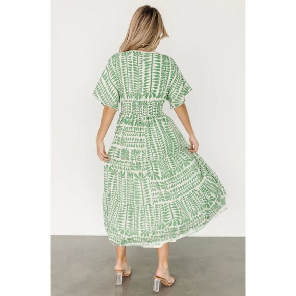 Baltic Born Austin Kimono Dress Midi Fit Flare Retro Green Print Large - Picture 4 of 15